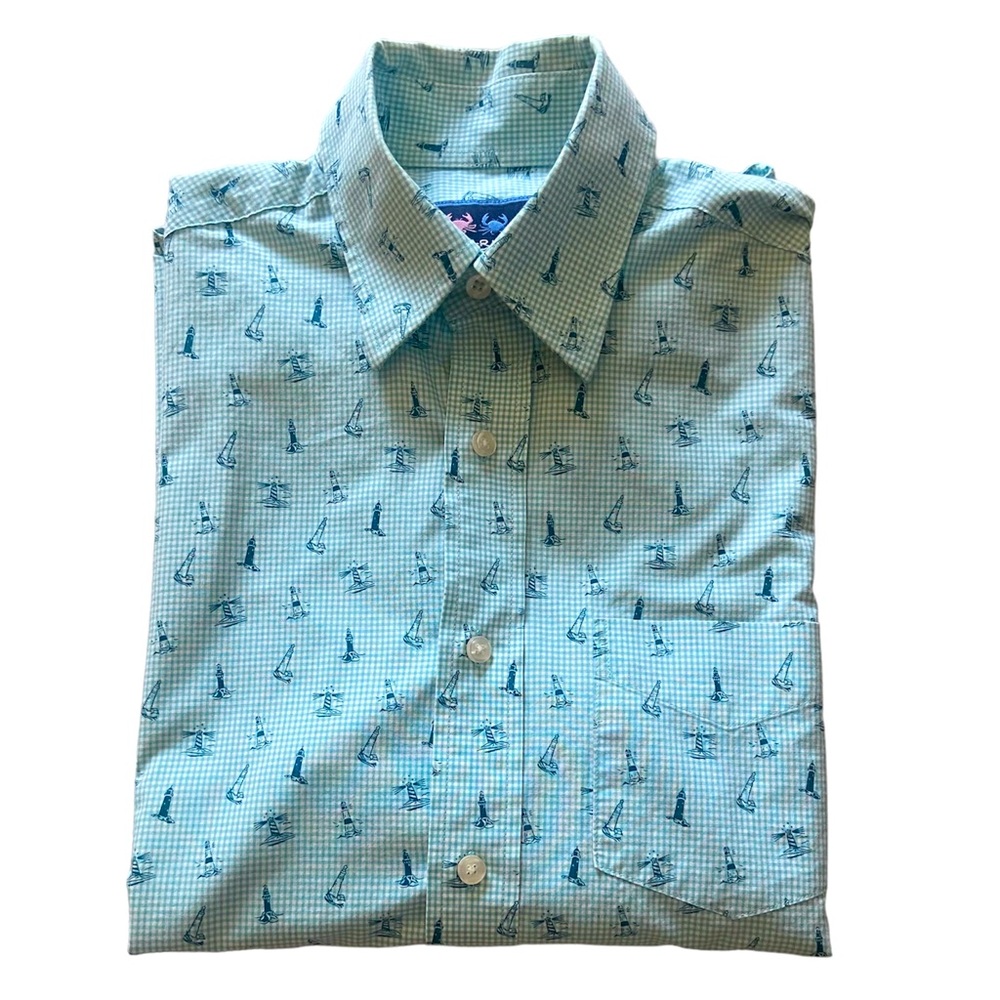 Charleston Threads Mens Button Down Lighthouse Check Print Aqua Pocket Small